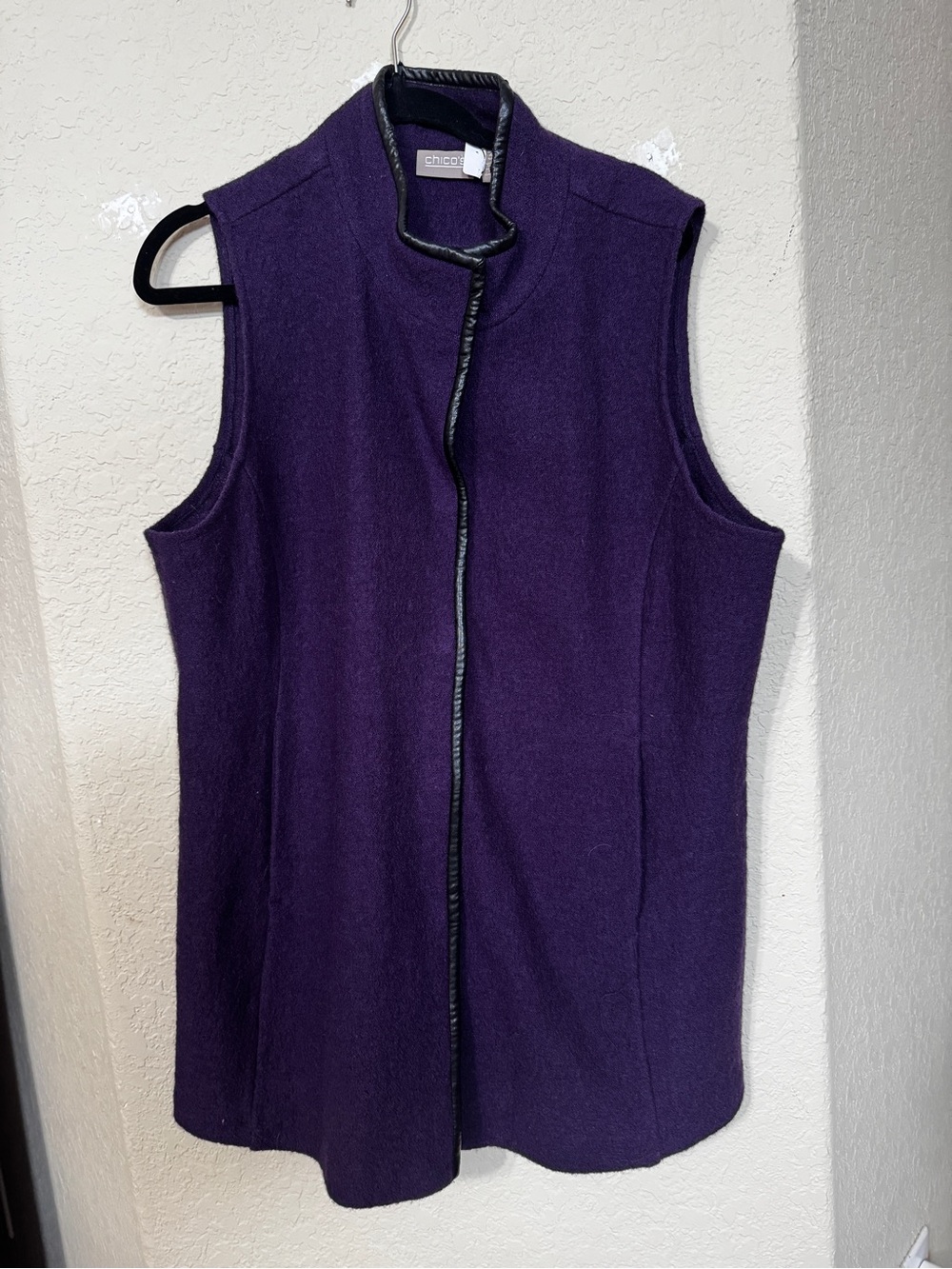 Chicos Purple Wool & Faux Black Leather Trim Vest Size 2 (Large)